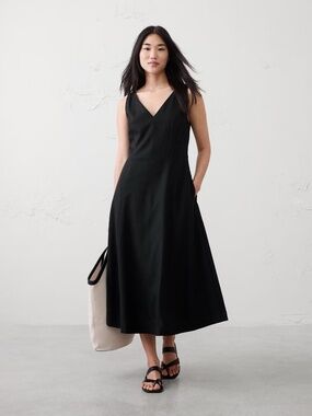 NWT Banana Republic LINEN-BLEND DRAPEY MIDI DRESS // BLACK
